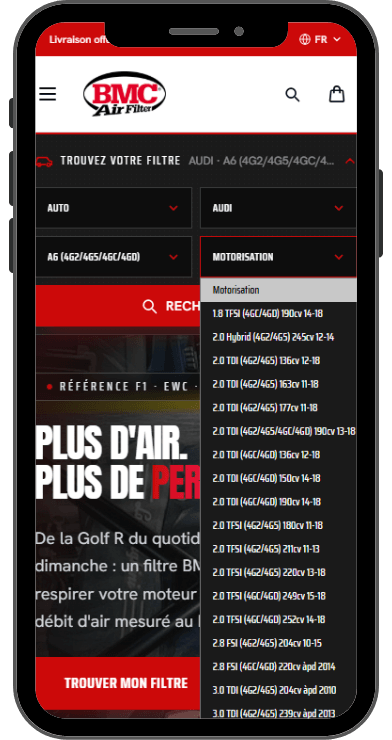 Sélecteur de compatibilité véhicule de la boutique FiltreAirBMC sur mobile